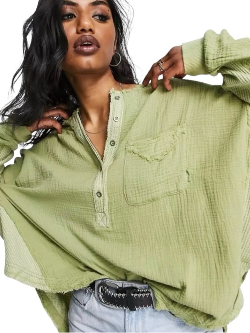 Free People Relaxed Gauze Henley Tunic in Light Sage